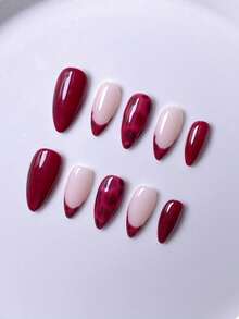 10片手工杏仁形短款美甲贴片，法式美甲，假指甲，杏仁形指甲，红色、粉色、棕色、白色、黑色、豹纹，可爱美甲，手绘渐变条纹和花卉装饰，点缀双星和水钻，优雅可爱，附赠美甲工具，适合女性和女孩美甲用品，手工美甲贴片 - 紅色 - 查看 4