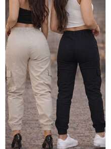 Stillger Moda Jeans Kit 2 Women's Cargo Jeans Jogger High Waist Butt Lifting Premium Pants With Lycra Side Pockets - 米色和黑色 - 查看 3