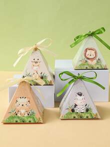 12个丛林动物主题三角礼盒，带丝带，适用于一周岁生日派对、婴儿派对装饰、多用途包装盒、性别揭晓派对用品、婴儿派对装饰、草莓主题派对装饰、婴儿派对用品、一周岁生日派对装饰 - 叢林動物 - 查看 4