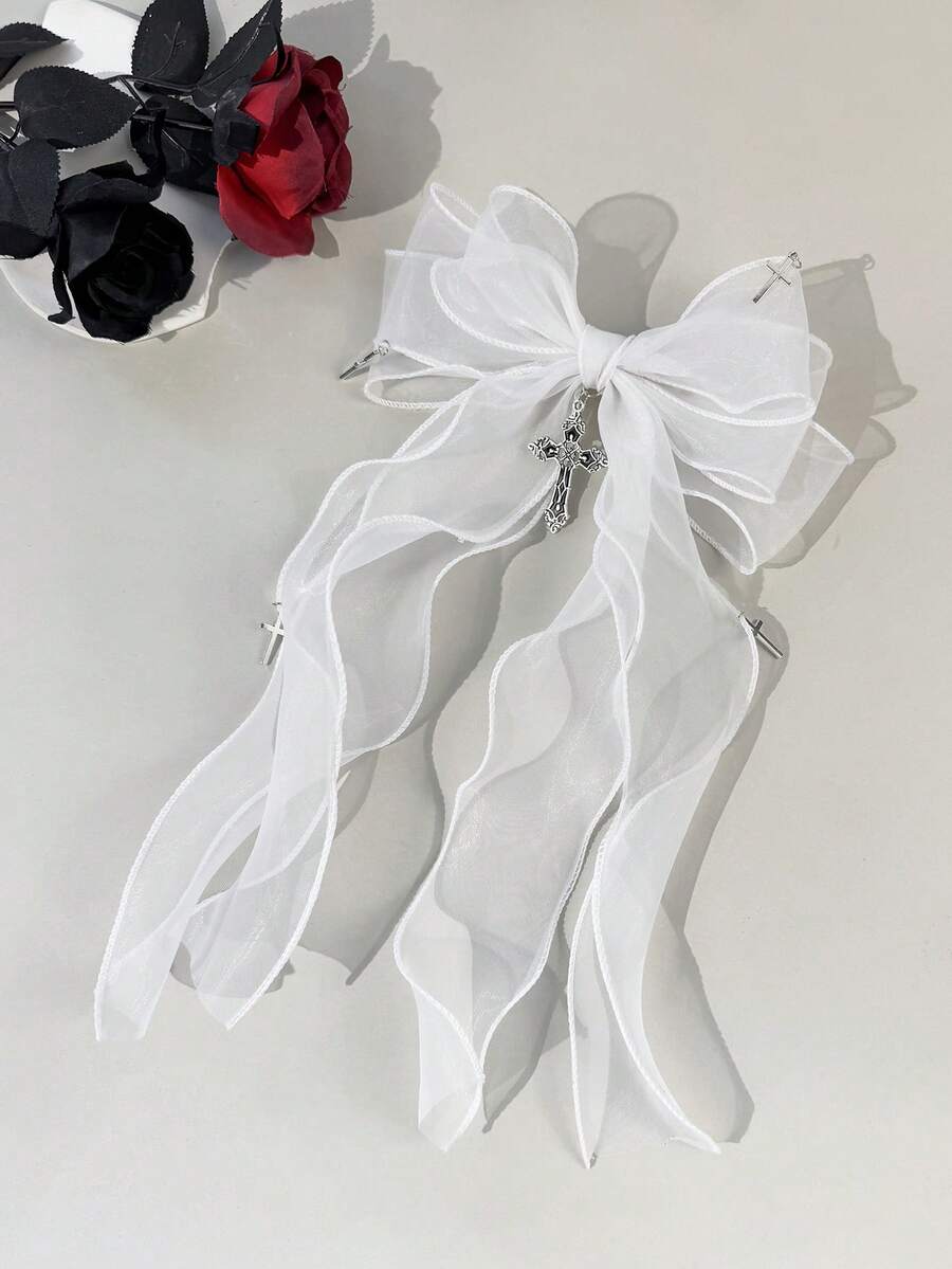 1pc Gothic Cross Decor Accessory, Mesh Bow Hair Clip, Metal Alligator Clip, For Women, Claw Clips,Summer,Holiday,Travel,Festival,Party - White - View 1