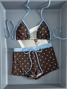 Bộ bikini 2 món dành cho nữ - Họa tiết ngôi sao với viền trơn, Áo hai dây cúp tam giác (điểm nhấn đính hạt), Quần short cạp cao, đồ bơi mùa hè thanh lịch cho kỳ nghỉ biển. - màu nâu - Xem 5
