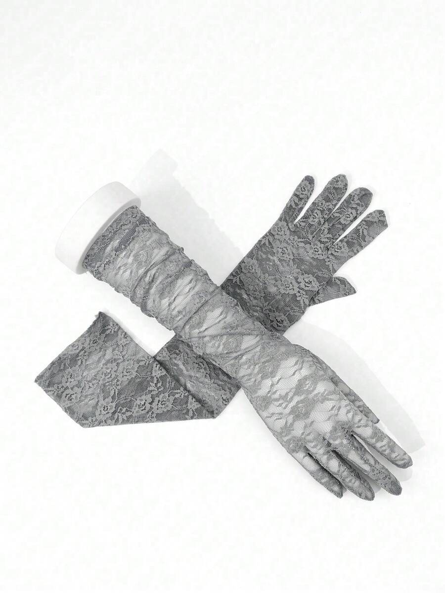 1 Pair Women's Lace Gloves, Long Full Finger Gloves For Driving, Sun Protection, Bridal Ceremony, Summer