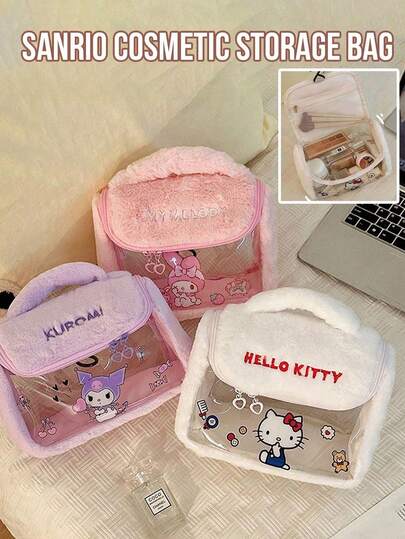 Sanrio Characters Plush Transparent Cosmetic Bag, Cute Kawaii Makeup Organizer With Handle, Waterproof Travel Toiletry Bag, Large Capacity Multi-Layer Storage, Non-Slip Zipper, Easy Access Design, Dustproof & Stain-Resistant, Portable For Travel & Daily Use, Ideal For Lotions, Face Creams, Lipsticks & Cosmetics, Hello Kitty/Kuromi/My Melody, Perfect Gift For Girls, Teens & Anime Fans