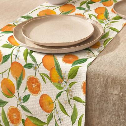 1pc Fresh Orange Fruit Pattern Linen Table Runner, Suitable For Holidays, Parties, Birthdays, Dinners, Kitchen & Dining Room Decor, Dresser/Cabinet Cover, All Season Home Textile Decoration