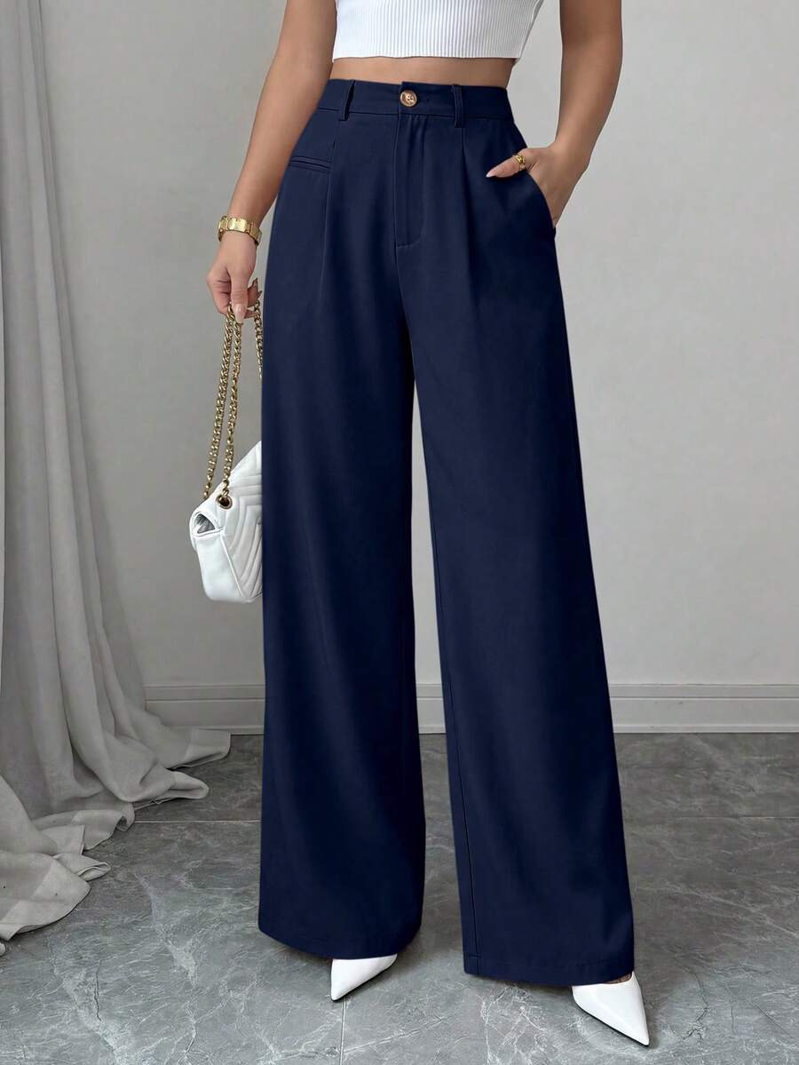 Pantalones de vestir de pierna ancha para mujer, estilo informal, holgados, estilo palazzo, de cintura alta - Azul Marino - Ver 1