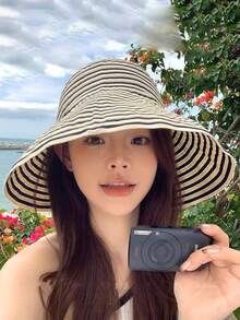 Mũ xô sọc gấp gọn mùa hè, mũ chống nắng vành rộng mới về dành cho nữ, mũ thời trang vành rộng bằng polyester in họa tiết, chống gió và tia UV, thích hợp cho mùa xuân/hè. - mũ - Xem 5