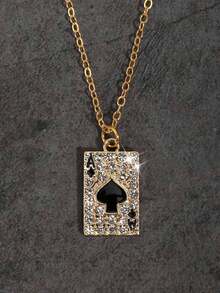 全新全镶钻黑桃A吊坠，朋克嘻哈风格个性时尚项链，复古哥特式不锈钢链项链，男女皆宜 - 金黃色 - 查看 1