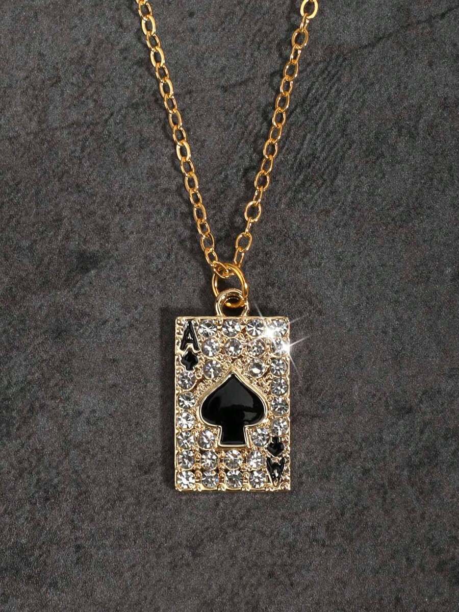 全新全镶钻黑桃A吊坠，朋克嘻哈风格个性时尚项链，复古哥特式不锈钢链项链，男女皆宜 - 金黃色 - 查看 1