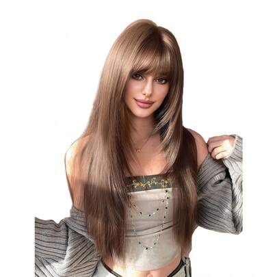 这款30英寸长的合成假发，拥有自然直发造型和迷人的棕色发色。它采用刘海设计，并使用耐热纤维制成，确保经久耐用。这款假发非常适合日常佩戴，外观自然逼真，是送给女性的理想礼物。