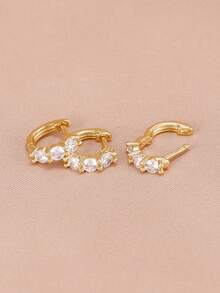 Three Same 18K Gold Plated Clear Shining Zirconia Hoop Earrings Set For Women New Design Wedding Party Earrings Gifts Jewelry - 1-gold-3PCS - View 3