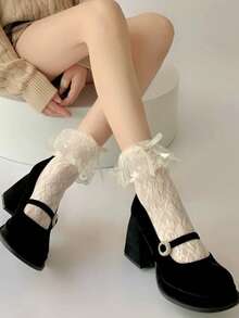 1双夏季薄款“安妮野玫瑰”蕾丝长筒袜，纯色性感蕾丝中筒袜，镂空叠层设计 - 彩色 - 查看 4