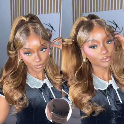 ZHENDEFA 4/27 Ombre Honey Gold Seamless 360 Density Human Hair Wig, Invisible Lace Front, Transparent Mesh, Glueless, 200% Density