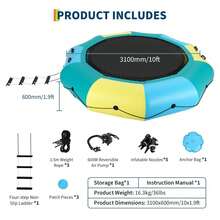 Trampolín Inflable de Agua 10FT - Rebotador Flotante para Lago y Piscina con Escalera de Cuerda, Bolsas Anclaje y Bomba de Aire Reversible - Para Adultos y Niños. - azul y verde - Ver 2
