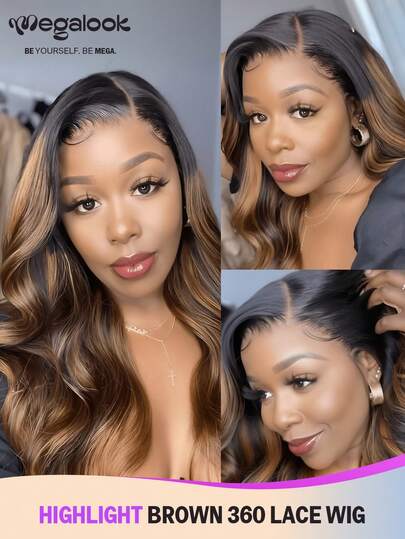 MEGALOOK 升级版360°蕾丝前额假发，棕色挑染，波浪卷发，带抽绳帽，100%真人发，18-30英寸，180%密度，即戴即走，无需胶水，透明蕾丝前额假发，自由分缝，1BP30彩色假发，轻盈可调节帽 - 柔软有弹性，全天舒适，掉发极少。