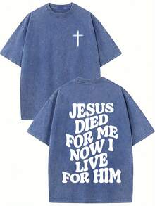 1 Piece 230G Retro T-Shirt For Unisex, JESUS DIED FOR ME NOW I LIVE FOR HIM Print Oversized Cotton Solid Drop Shoulder T Shirts For Men Vintage Streetwear Basic Tees Baggy Hip Hop Unisex Tops Acid Wash T ShirtRound Neck Loose Fit T-Shirt - 寶藍色 - 查看 7