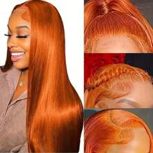 8-34英寸 13x4 高清蕾丝前额假发，200% 密度预拔毛蕾丝前额假发，#350 姜金色直发巴西原生发，混合婴儿发，适合女性日常/派对/圣诞节使用 - S350 - 查看 4