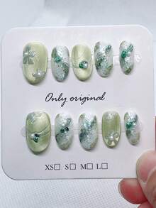 10 piezas de uñas postizas ovaladas cortas de ojo de gato de acrílico verde hechas a mano, puntas de uñas de cobertura completa, adecuadas para mujeres y niñas para manicura DIY - Verde - Ver 6
