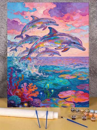Colorful Dolphins Ocean Sunset DIY Oil Painting By Numbers Canvas Painting Crafts Adult Home Decoration 40x50cm/16x20inch Holiday Gifts