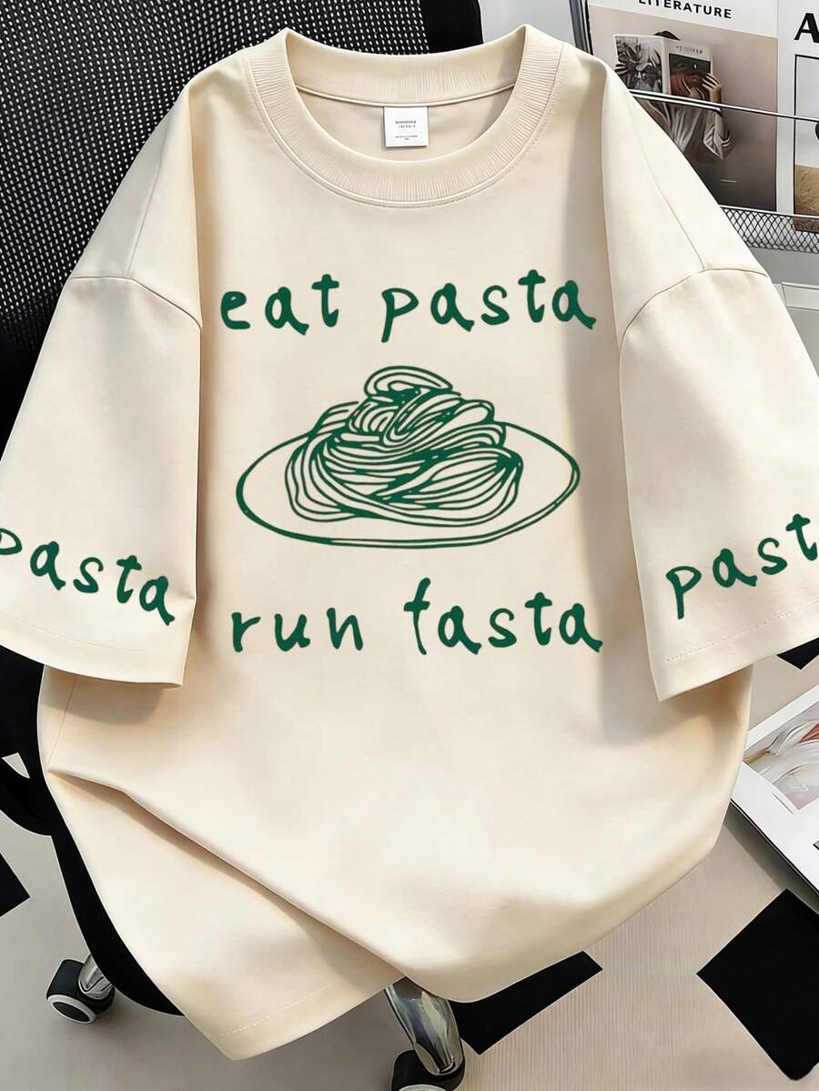 Women's Summer Casual Pasta Pattern Round Neck Short Sleeve T-Shirt - Beige - View 1