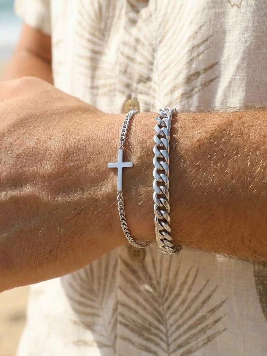 2pcs Stainless Steel Cross Bracelet For Men - Minimalist Religious Style Jewelry, Polished Chain Spiritual Bangle - Ideal Christian Gift For Christmas, Father's Day And Valentine's Day