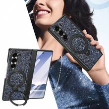 VIETAO Sequins,Diamond Fashion High Quality Blingbling Sparkling Electroplated Hidden Circular Bracket Mobile Phone Case Compatible With Samsung Galaxy Z Fold 7 6 Hinged Full-Cover Protection Phone Cover With Tempered Glass Screen Protector - Blue - View 9