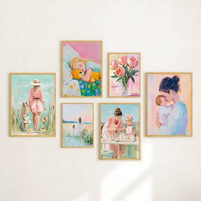 1/6 piezas Póster de lienzo con flores rosas para el Día de la Madre. Pintura artística de paisaje floral con tema rosa, ramo de peonías rosas. Una impresión de un momento familiar conmovedor. Arte de pared. Decoración del hogar, decoración estética de la habitación, pósteres de decoración de la habitación. Marco opcional