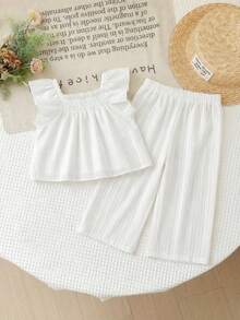 Bộ đồ bé gái in họa tiết hoa ly và sọc kẻ, gồm áo tay ngắn nhún bèo nhẹ nhàng và quần ống rộng, trang phục thường ngày/du lịch tươi mát và thanh lịch, thích hợp cho mùa hè. - trắng - Xem 2