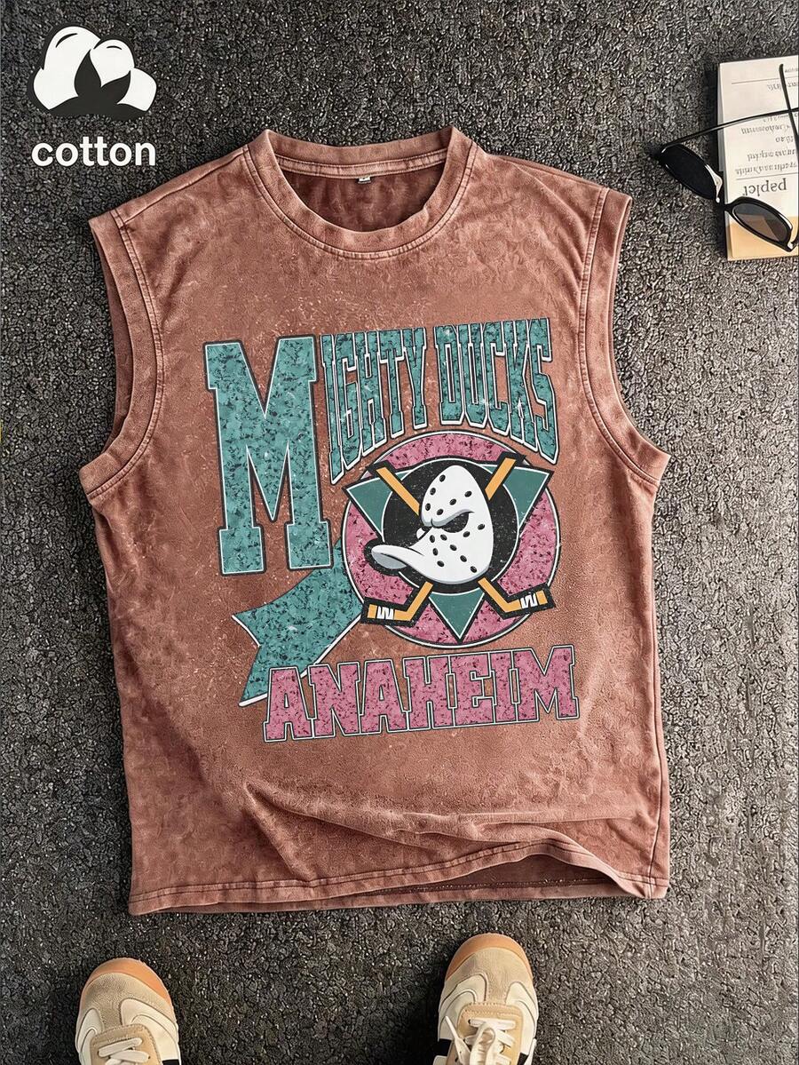 Men's Printed Vintage Washed Vest, Loose Fit, Casual Street Style, A Must-Have For The Gym. - Coffee Brown - View 1