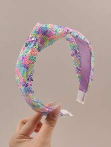 1件白色和粉色珠光心形亮片激光反光打结交叉宽发箍，优雅适合派对、节日、假日、春夏佩戴 - 彩色 - 查看 12