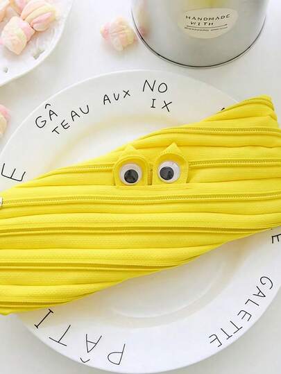 Yellow Funky Monster Zipper Pencil Case - One Zipper Design Nylon Pen Pouch For School College Office, Modern Cute Stationery Organizer, Creative Gifts For Students Teens Friends, Unique Everyday Carry Pencil Bag