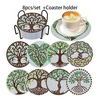 8个带支架的钻石画杯垫 + 8个软木垫，DIY树形系列钻石画杯垫，适合成人缝纫5D DIY和初学者钻石画套装，钻石画工艺用品，精美礼品，送给朋友
