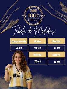 Camiseta Listrada Brasil Copa do Mundo Feminina Tricot Modal Canelado Decote V Manga Curta Verão - Verde/Branco - Visão 6