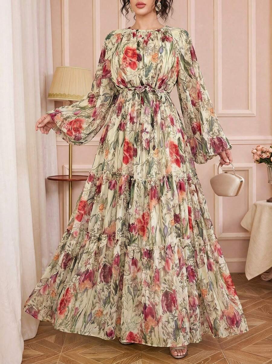 Solessence 女士花卉印花灯笼袖阿拉伯风格长款连衣裙 - 彩色 - 查看 1