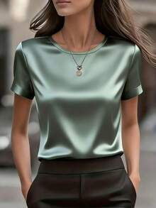 Women's Elegant Round Neck Satin Short Sleeve Blouse, Suitable For Spring And Summer - Green - View 7