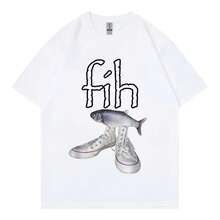 New Style Hot  Fih Shoes Graphic T Shirts Funny Misspelled Fish Meme T-Shirts Men Women Casual Fashion Short Sleeve T-Shirt - 白色 - 查看 2