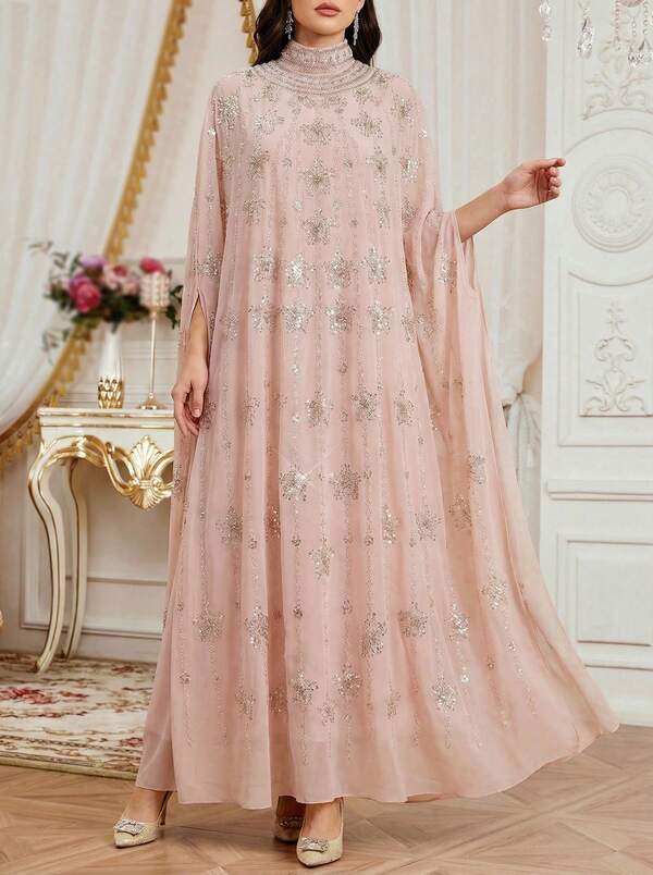 Solessence Elegant Rose Pink Robe With Beaded Embroidery, Stand Collar Long Batwing Sleeve Design, Woven Fabric, Non-Stretch, Flowing Drape