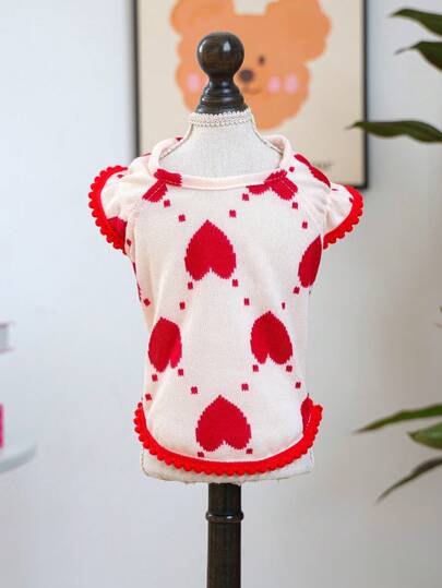 1pc Pet Clothes, Outdoor & Indoor Apparel For Small Dogs & Puppies, European & Korean Style Casual Cute Comfortable Bow & Heart Decor Tee