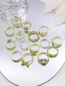 Bộ 15 chiếc nhẫn thời trang mạ vàng hình bướm, hoa và lá đính ngọc trai giả, thích hợp cho phụ nữ đeo hàng ngày, đi biển, mùa hè, cũng là món quà lý tưởng cho Ngày Valentine, Ngày của Mẹ. - Vàng - Xem 4