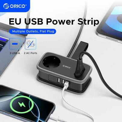  Ổ cắm điện du lịch di động ORICO Châu Âu, 5 trong 1, với 2 ổ cắm AC, 2 cổng USB-A và 1 cổng USB-C, phích cắm dẹt 45°, dây nối dài, không có chức năng chống sét lan truyền, thích hợp cho du lịch/nhà/ký túc xá/văn phòng.