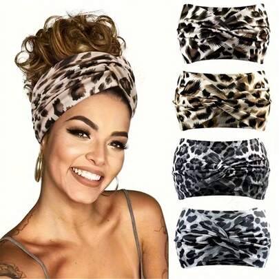 4pcs Leopard Print Sports Headbands For Women, Knitted Non-Slip Soft Elastic Headwraps Suitable For Yoga, Running, Workout, Fitness, Outdoor Leisure
