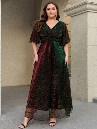 大码女士V领优雅收腰正式派对连衣裙