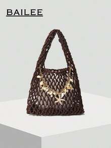 BAILEE 1 Set Polyester Crochet Mesh Bottom Multi-Color Solid Knitted Tote Bag, Quilted Pattern, Lightweight Portable Large Capacity Cute Fashion Beach Bag, Suitable Women, Young Professionals, Teachers/Girls - 咖啡 - 查看 2