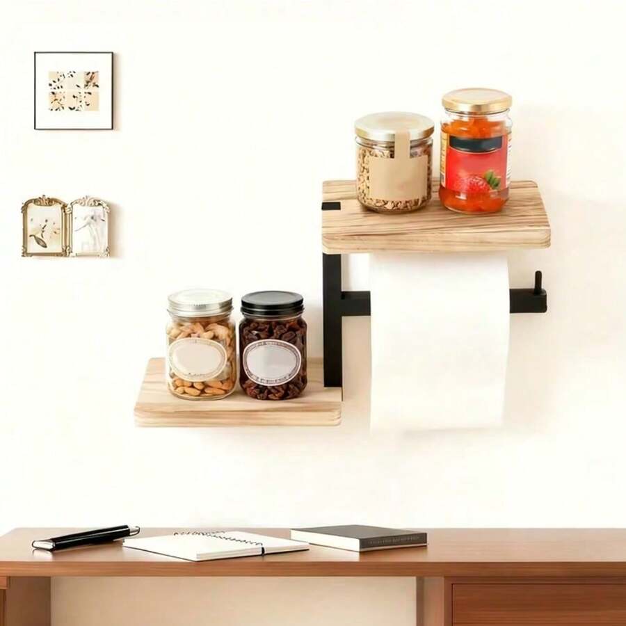 1/2pcs Wall Mounted Wooden Toilet Paper Holder, 2-In-1 Tissue Storage Rack, Rustic Farmhouse Style Organizer For Bathroom & Kitchen - 1 Pcs - View 1