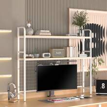 GCCSJ Bookshelf For Desk,2-Tier Desktop Bookshelf - Metal Desktop Bookshelf Organizer,Desk Book Organizer With 3 Hooks & DIY Storage Mesh,Suitable For Office/Game Room/Study/Powder RoomPerfect For Organizing Books, Magazines, Office Supplies(White) - 白色 - 查看 2