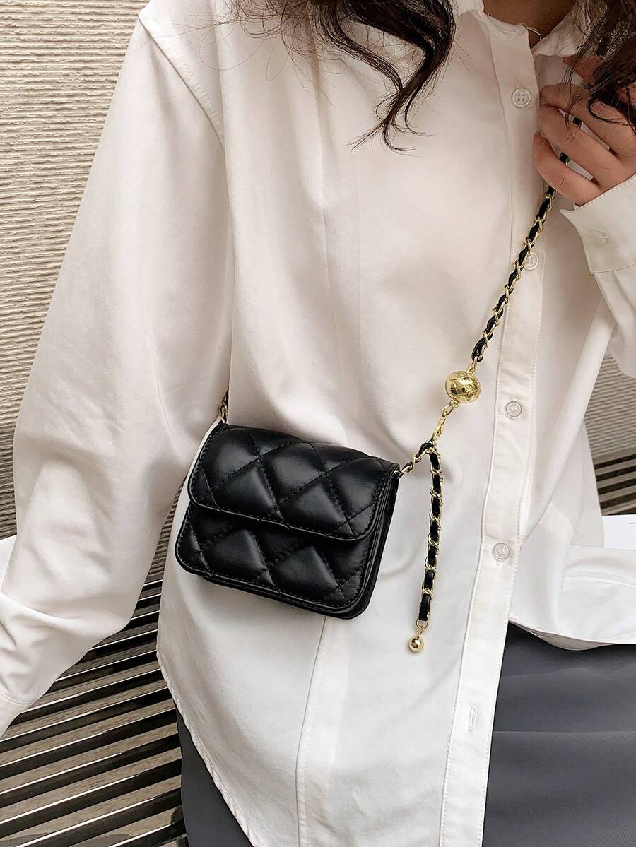 Dedoo Minimalist Versatile High-End Diamond Embroidery Golden Ball Chain Underarm Crossbody Mini Lipstick Bag, Suitable For Spring And Summer - Black - View 1