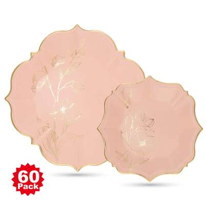 Bộ 60 đĩa tráng miệng 7 inch và đĩa ăn trưa 9 inch màu hồng thanh lịch mới, họa tiết hoa vàng, đồ dùng tiệc hình cánh hoa màu hồng, thích hợp cho sinh nhật, đám cưới, tiệc tùng, tiệc trà và các dịp lễ kỷ niệm khác, phục vụ được 30 khách.