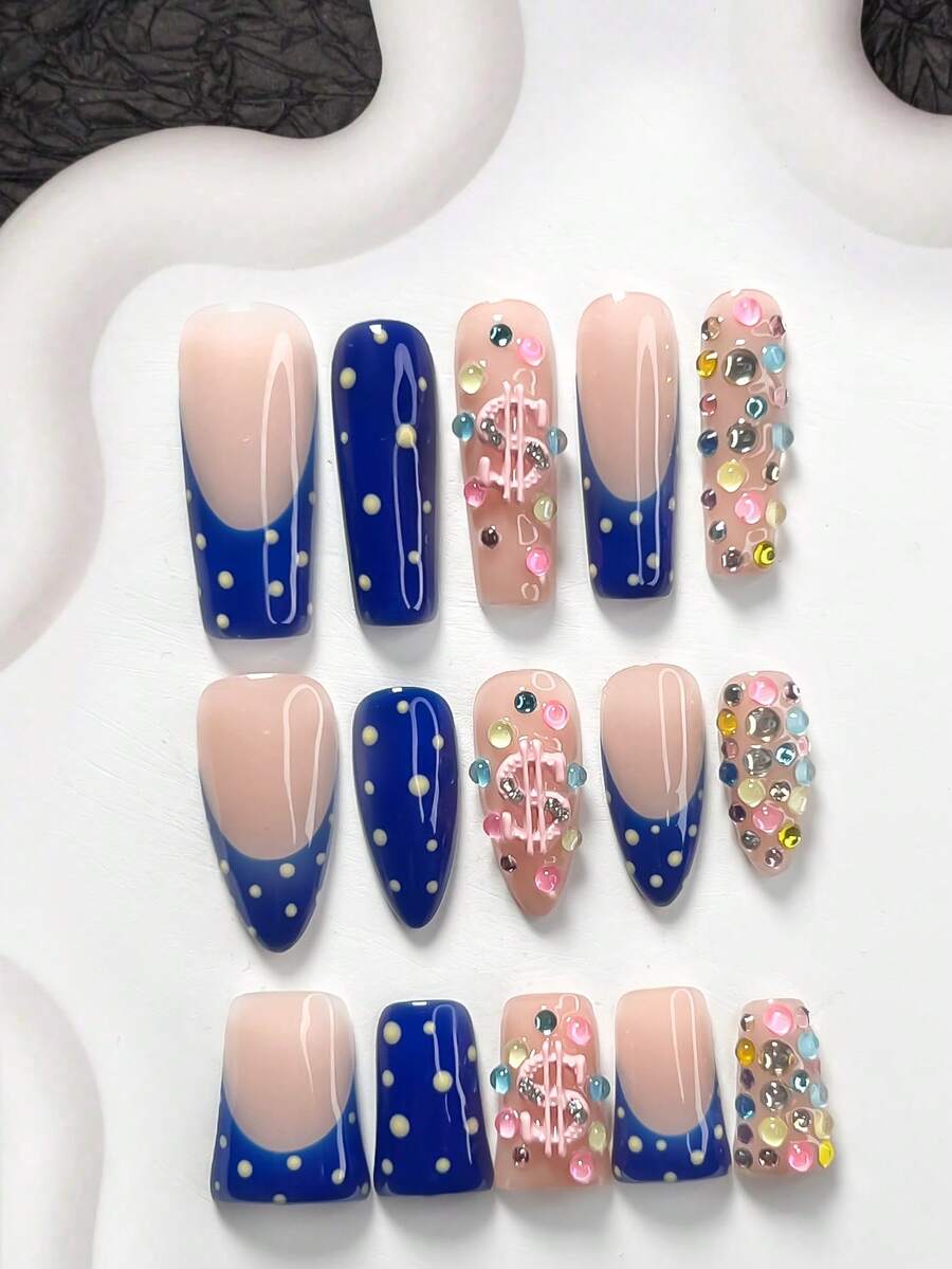 10Pcs Dopamine Style Handmade Press On Nail,Polygel Nail Set,3D Pink Dollar Sign Accents,Colorful Speckles,Blue Nail Polish,Energetic Style,Includes Nail Tools,3 Sizes Available,Almond,Duck,Coffin Nails For Party,Dance,Daily Wear. - Multicolor - View 1