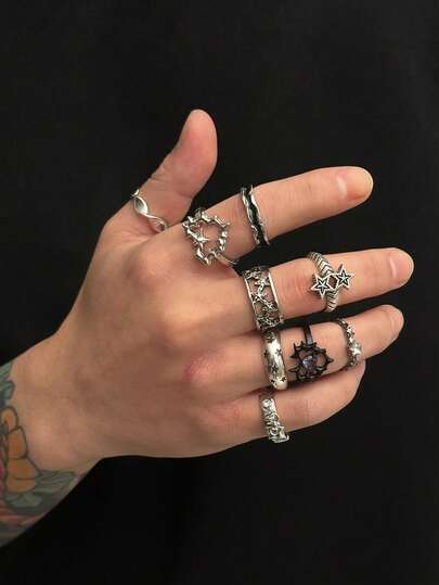 9件套星形戒指，镶嵌合成水晶，几何金属指节戒指，送给朋友和同学的礼物