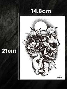 1 pieza Tatuaje temporal vintage con diseños florales, calavera animal y sol, apto para hombres y mujeres, pegatina de tatuaje impermeable y de larga duración para la cintura, abdomen, brazo, muslo, espalda, hombro, arte corporal unisex, tatuaje falso, cobertura de cicatrices - Negro - Ver 7