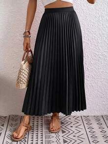 【3D褶皱弹力腰身设计】宽松飘逸的黑色雪纺半身裙，优雅百搭，适合春秋季工作、约会、正式场合及日常穿着。 - 黑色 - 查看 7